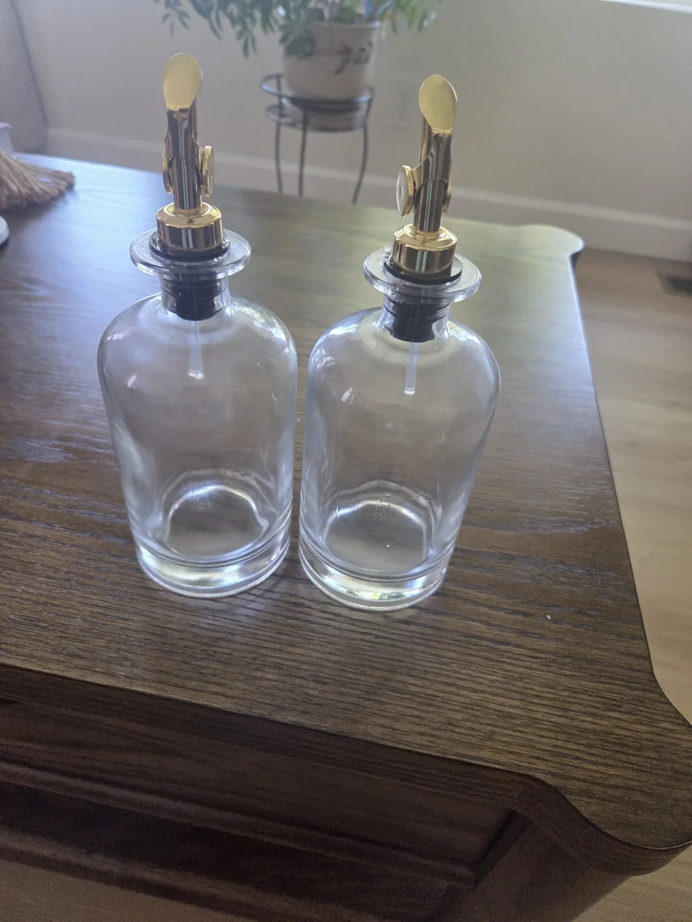 Clear Glass Oil & Vinegar Dispenser Bottles with Gold Pour Spouts - Set of 2